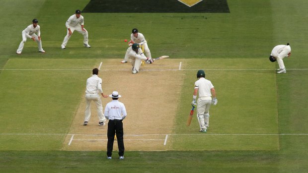 Flashpoint: Nathan Lyon plays the controversial sweep shot against New Zealand.