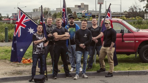 Members of the United Patriots Front, including Neil Erikson (middle), will take their anti-Islam fight to Bendigo on Saturday.  