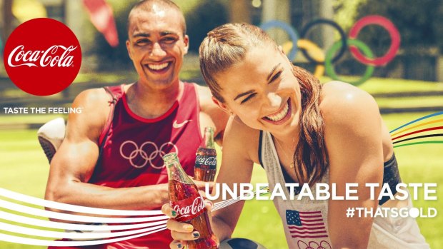US athletes Ashton Eaton and Alex Morgan in one of the ads from Coca-Cola's Olympics campaign.