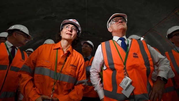Berejiklian and Prime Minister Malcolm Turnbull watch the first tunnel breakthrough of the NorthConnex project in West Pennant Hills.