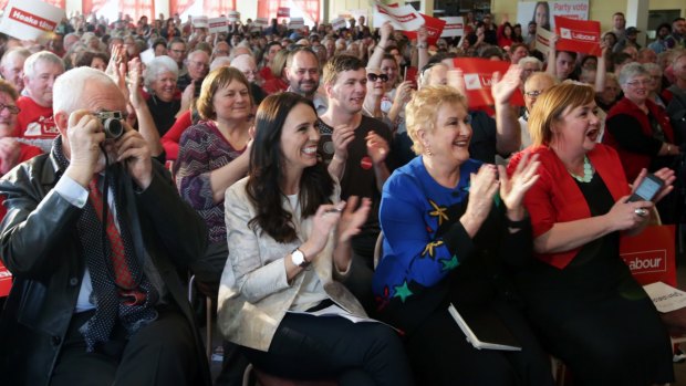 A huge crowd of supporters, mixed with a vibrant atmosphere welcomed Jacinda Ardern, centre left, to a rally on August 27.