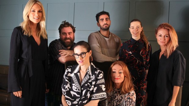 SHD NEWS/The Goss. Reporter: Jenna Clarke. Sydney. Group of Aussie designers heading to Paris Fashion Week with the Australian Fashion Chamber's Designers Abroad Showroom.  They are from Left rear row, Rebecca Vallance, Luke Sales, Christopher Esber, Bianca Spender and Genevieve Smart. Front Row from left, Anna Plunkett and Alexandra Smart. Photo: Peter Rae Thursday 4 February 2016