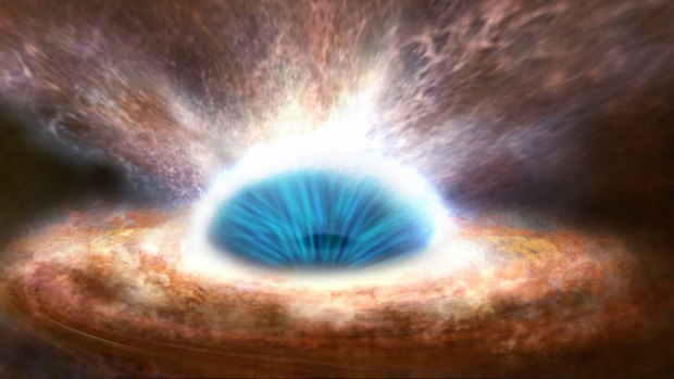 Galactic blowouts: Black holes gather matter in a disc (orange), part of which is pushed away by a wind (blue). This powers a large-scale outflow of gas.