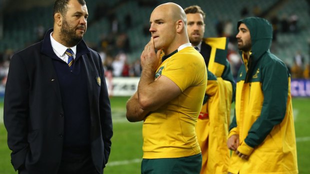 Time to regroup: Michael Cheika and Stephen Moore in Sydney after the 3-0 series loss to England.