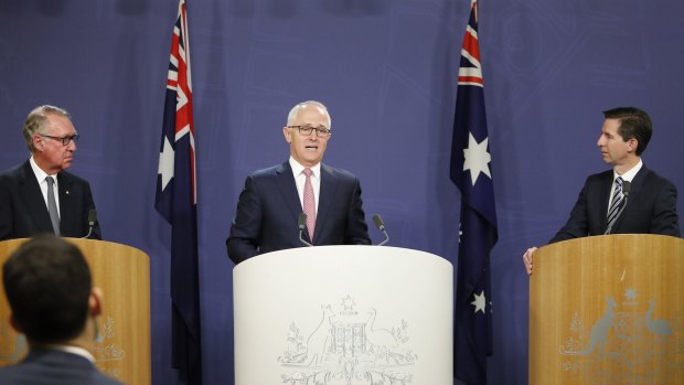 David Gonski with Prime Minister Malcolm Turnbull announcing his Gonski 2.0 education funding. 