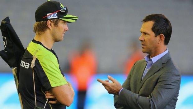 More banter, please! Shane Watson of the Thunder listens to Channel Ten Big Bash commentator Ricky Ponting.
