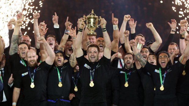Kings of the world: Richie McCaw and the All Blacks celebrate winning the 2015 Rugby World Cup final.