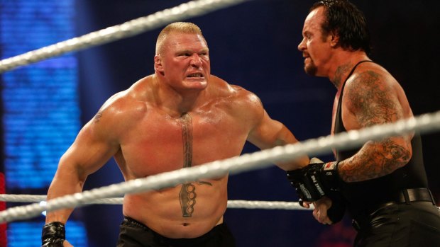 Brock Lesnar and The Undertaker battle it out at the WWE SummerSlam 2015.