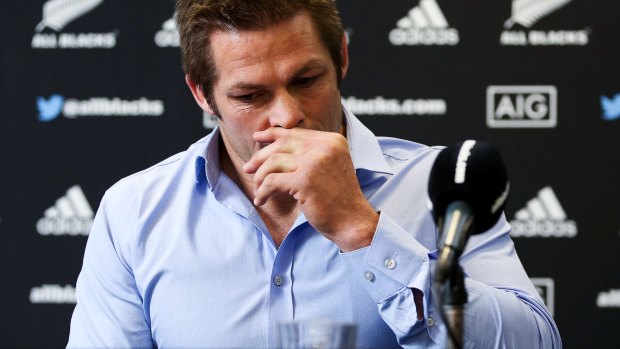 WELLINGTON, NEW ZEALAND - NOVEMBER 19: Richie McCaw speaks during a media conference to announce his retirement from rugby at New Zealand Rugby House on November 19, 2015 in Wellington, New Zealand. (Photo by Hagen Hopkins/Getty Images)