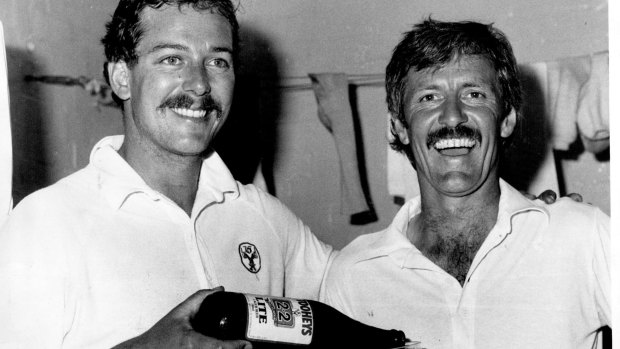 Robert Holland celebrates victory over the Windies with Murray Bennett at the SCG, 1984.