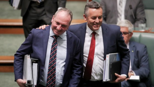 Happier times: Deputy Prime Minister Barnaby Joyce and then minister Darren Chester in October.