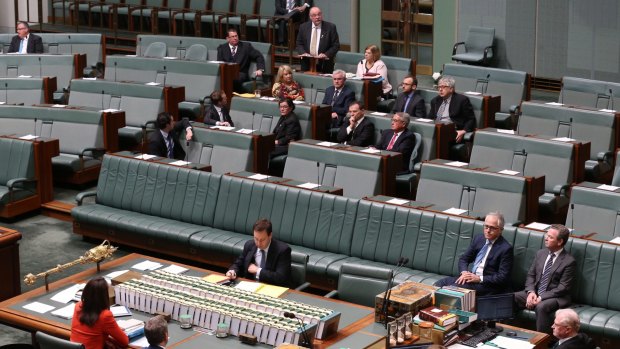 Malcolm Turnbull and Christopher Pyne listen to backbencher Warren Entsch introduce a private member's bill on marriage equality on August 17. 