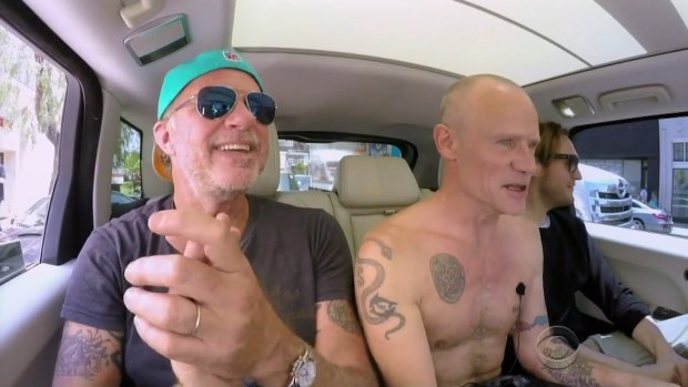 Taking a back-seat: Chad Smith, Flea and Josh Klinghoffer.