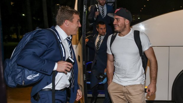 Decision time: Trent Hodkinson and Josh Reynolds arrive in Coffs Harbour with the NSW team ahead of Origin III.