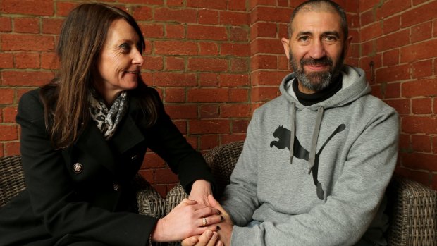 Andy Emiris, who has a grade 4 brain tumour, with his wife, Angie, in the Olivia Newton-John Cancer Centre at Austin Hospital.