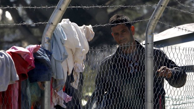 Fenced in: A migrant in a makeshift camp at the northern Greek border with Macedonia.