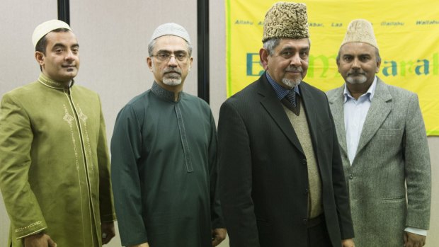 Kamran Ahmed, Khalid Syed, Imam Masood Shahid and Abdul Latif after the Eid celebration at the Ahmadiyya Muslim prayer centre in Fyshwick.

