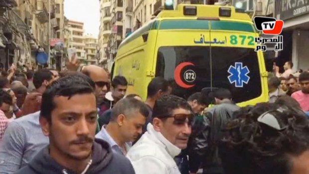 An ambulance outside Saint Mark's Cathedral following a suicide bombing that killed several people, just after Coptic Pope Tawadros II finished services in the city of Alexandria.