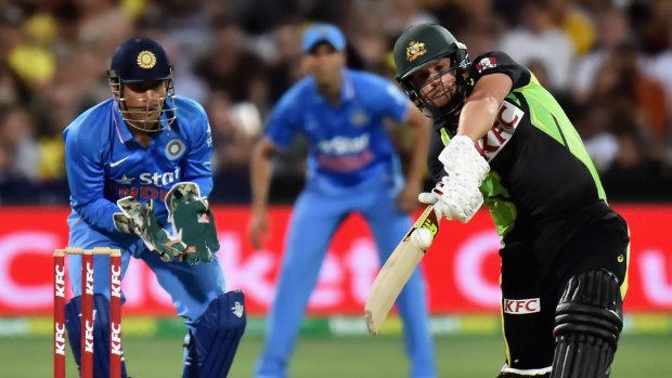 Aaron Finch of Australia bats during game one of the Twenty20 International match between Australia and India at Adelaide Oval on January 26, 2016.