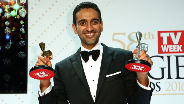<i>The Project's</i> Waleed Aly poses with the Gold Logie and Silver Logie for Best Presenter.