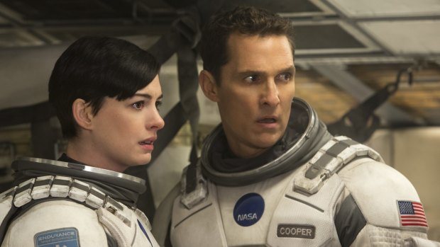 Matthew McConaughey and Anne Hathaway in the film <i>Interstellar</i>.