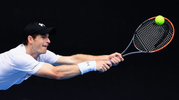 Andy Murray plays a backhand during a practice session.
