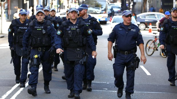 Police on the streets of Parramatta on Friday. 