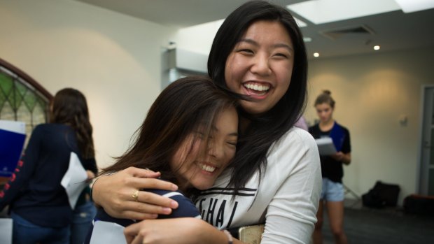 Sarah Lu  and Tina Tian from Presbyterian Ladies College recieve their results in the International baccalaureate. 