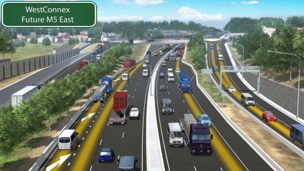 An artist's impression of planned upgrades to the WestConnex motorway: M5 East and King Georges Road interchange in Beverly Hills.