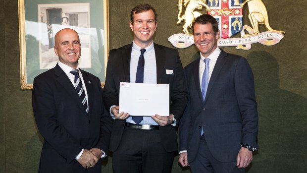 Alexander Wharton receiving his award from NSW Premier Mike Baird (right) and NSW Education Minister Adrian Piccoli (left).