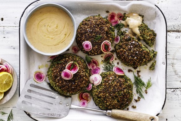 Falafel-stuffed mushrooms with tahini sauce