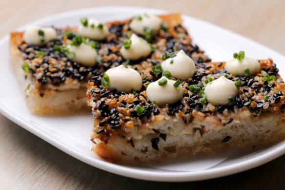 Flavour bomb: Prawn toast with truffled yuzu mayo.