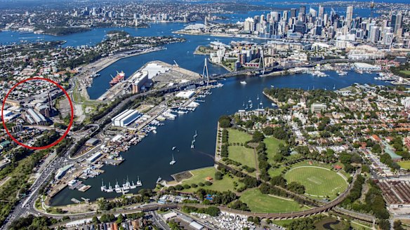 Proving difficult: The old White Bay Power Station, circled at left in this aerial shot of Sydney Harbour.