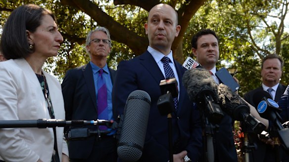 Premier Gladys Berejiklian, Football Federation Australia chief David Gallop, NRL boss Todd Greenberg and Sports Minister Stuart Ayres discuss $2 billion in promised funding for stadiums.