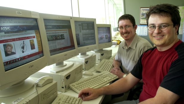 As ATSIC's web manager, Bullock (right) introduced live streaming to Canberra when he streamed the PM XI v ATSIC cricket match online in 2002. Bullock is pictured with then ATSIC multimedia developer Leon Andersen.