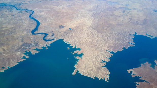An aerial view of the Mosul dam, the biggest in Iraq. Mosul is out of shot on the top left.