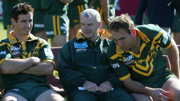 League warning: Chris Anderson, centre, with Andrew Johns and Gorden Tallis during his time as Australian coach.
