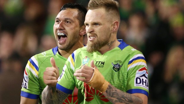 Right stuff: Jordan Rapana and Blake Austin celebrate the win over the Panthers. 