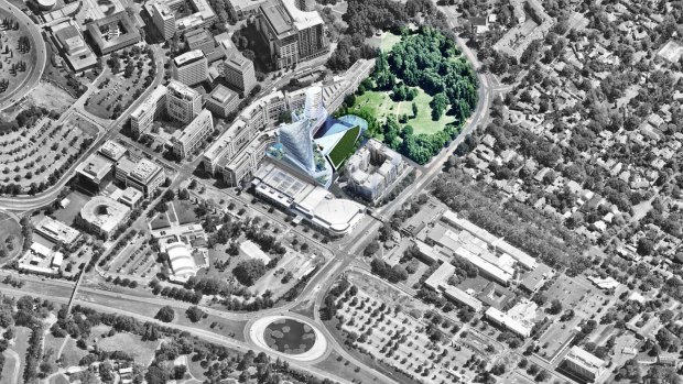An artist's impression of the Casino Canberra rebuild, next to the Glebe Park block the ACT's Land Development Agency sold for $4.2 million last year.