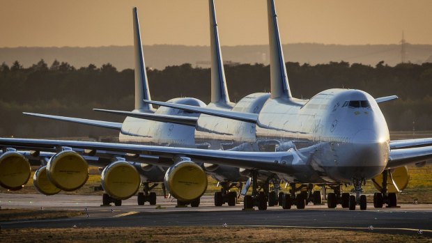 Lufthansa jumbo jets parked in Frankfurt during the pandemic. 