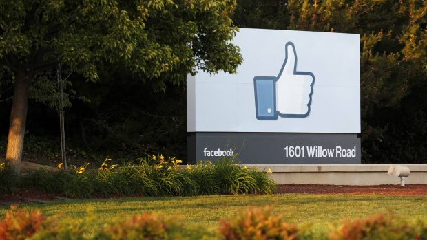 A sign at the entrance to Facebook's main campus in Menlo Park, California.