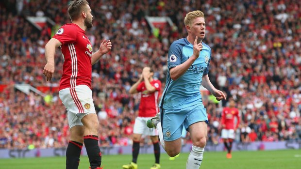 Too good: Kevin De Bruyne of Manchester City celebrates scoring his side's first goal.