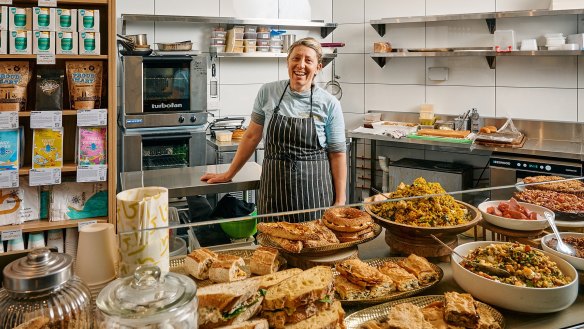 Owner-chef Kirsty Chiaplis fills the cabinet with sandwiches, salads and goods baked fresh in-store, and stocks the shelves with Babajan-branded condiments.