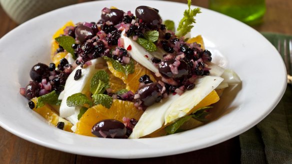 Fennel and orange salad with currants &amp; fetta. Karen Martini SALAD LOVE recipes for Epicure and Good Food. Photographed by Marina Oliphant. Styling by Caroline Velik. Photographed June 18, 2013. The Age Newspaper and The Sydney Morning Herald. Karen Martini Salads, Marina Oliphant