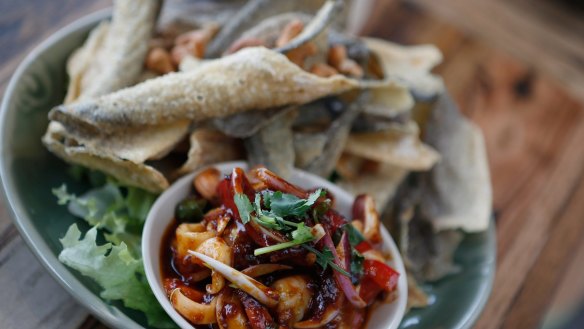 Yum Sam Grop with deep fried fish skin at Thaiger Rabbit Thai in Abbotsford.