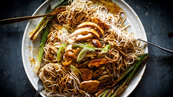 Beer, miso and mirin poached chicken with udon noodles