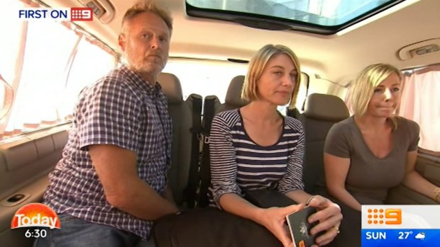 Reporter Tara Brown, centre, sound recordist David Ballment, left, and Sally Faulkner, right, after being released from a Beirut jail.