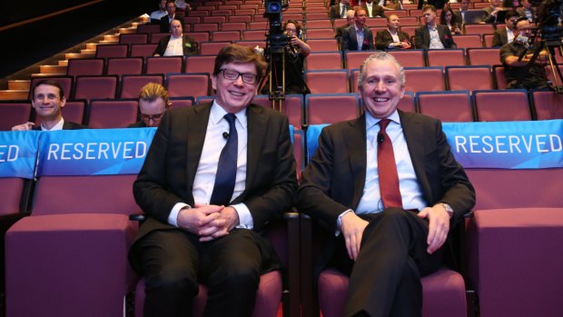 Telstra chief financial officer Warwick Bray, left, and chief executive officer Andrew Penn at a Telstra investor day.  