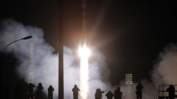 A Soyuz-FG rocket blasts off at the Russian leased Baikonur cosmodrome in mid-November. 