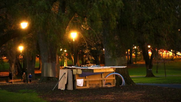 A homeless person's camp in the Treasury Gardens. 